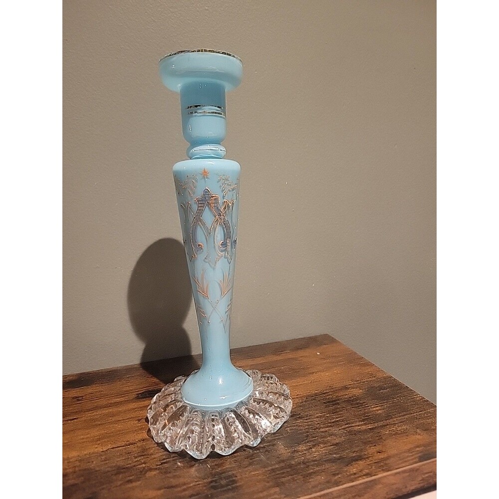READ -VTG  BLUE OPALINE GLASS LG CANDLESTICK HOLDER DECORATED W GOLD  BLOWN